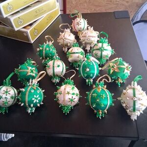 14 Piece Set Of 1950s Spun Satin Push Pin  And Beaded Christmas Ornanents
